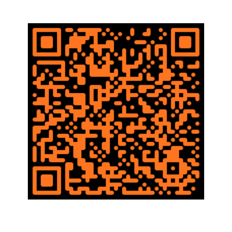 An orange QR code on a black background.