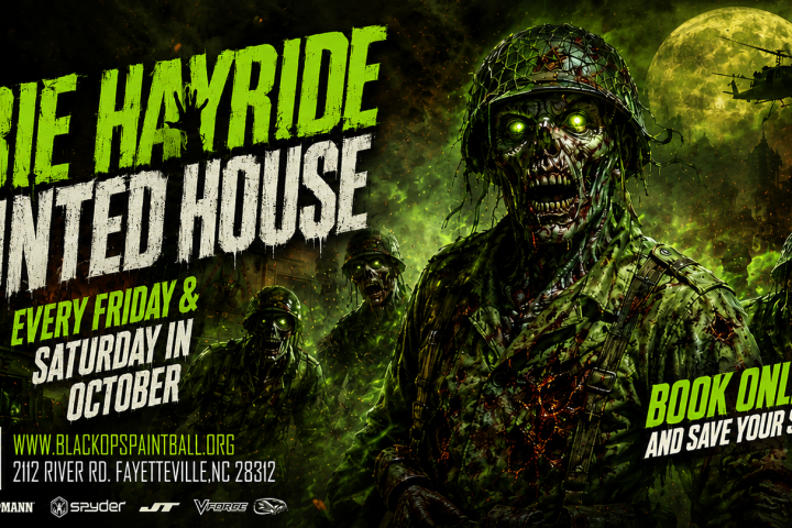 Zombie-themed paintball event poster with eerie forest and soldiers.