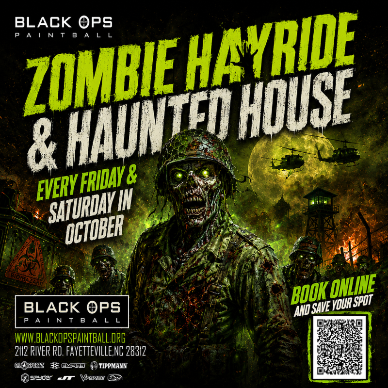 Zombie-themed event poster with eerie background and creepy zombie soldiers.