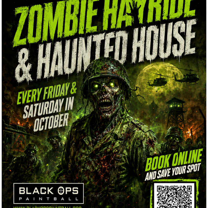 Zombie-themed poster for haunted house and hayride event in October.